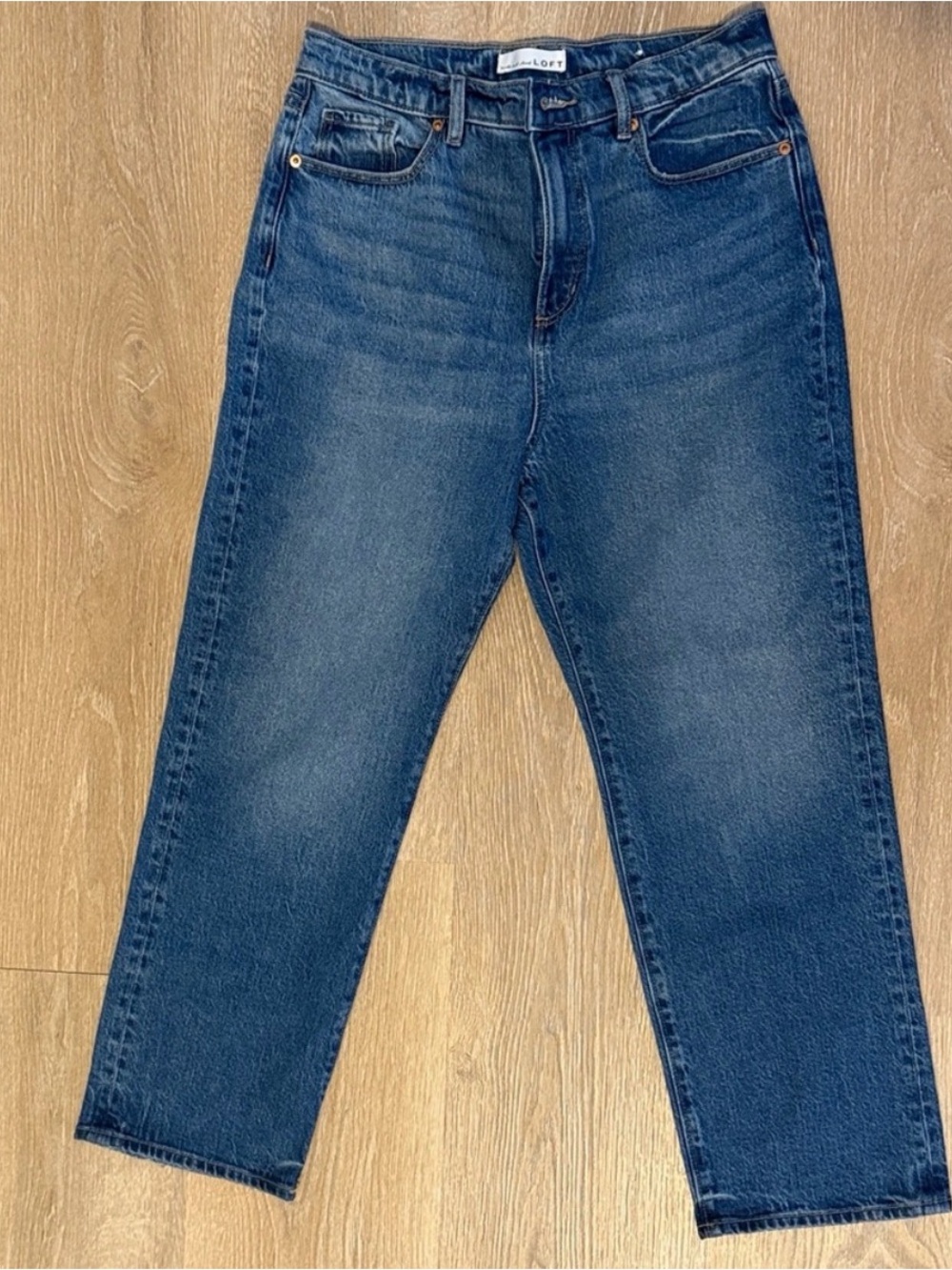 LOFT Petite High Rise Straight Jeans in Vintage Mid Indigo Wash